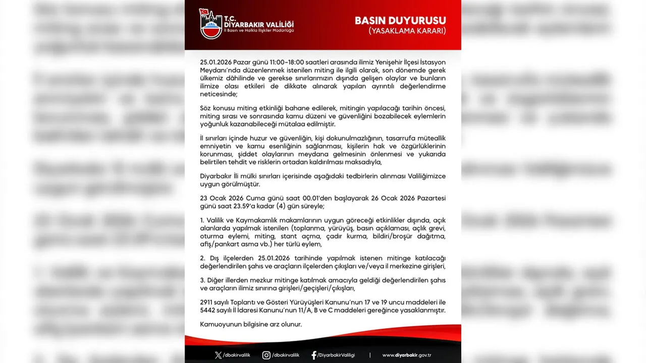 Diyarbakır Valiliği, DEM Parti mitingini yasakladı