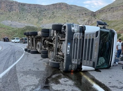 Siirt'te devrilen briket y&uuml;kl&uuml; tırın s&uuml;r&uuml;c&uuml;s&uuml; yaralandı